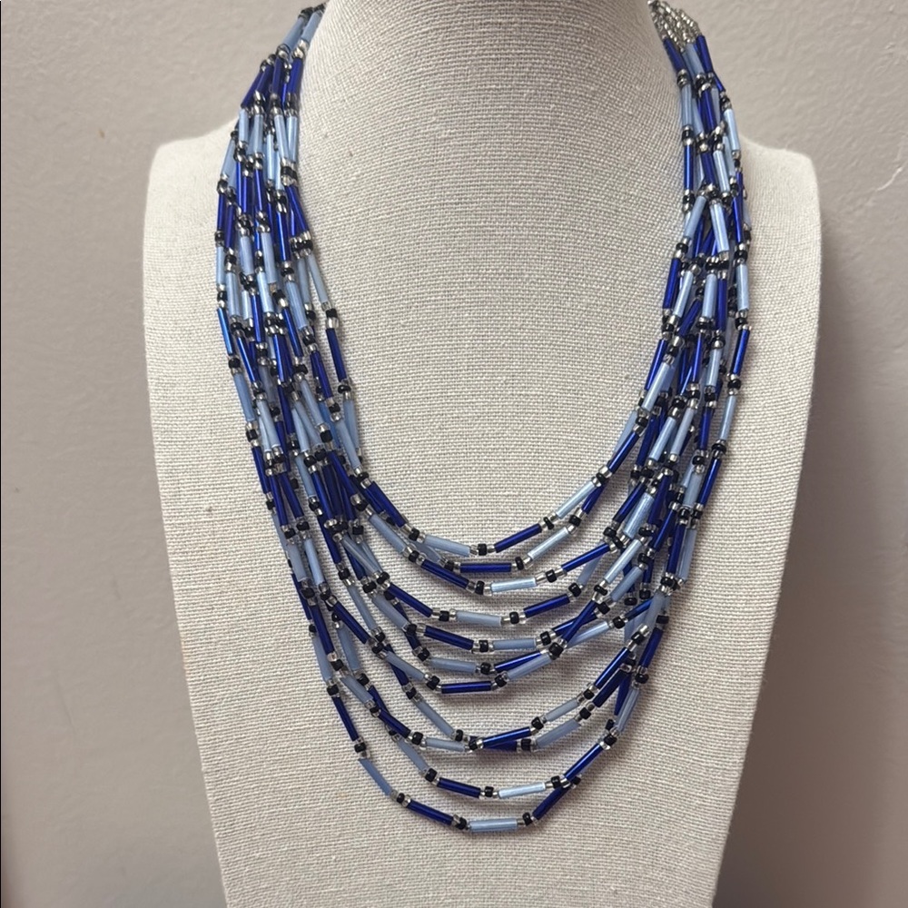 Vintage JAPAN multi strand, blue glass tube bead necklace